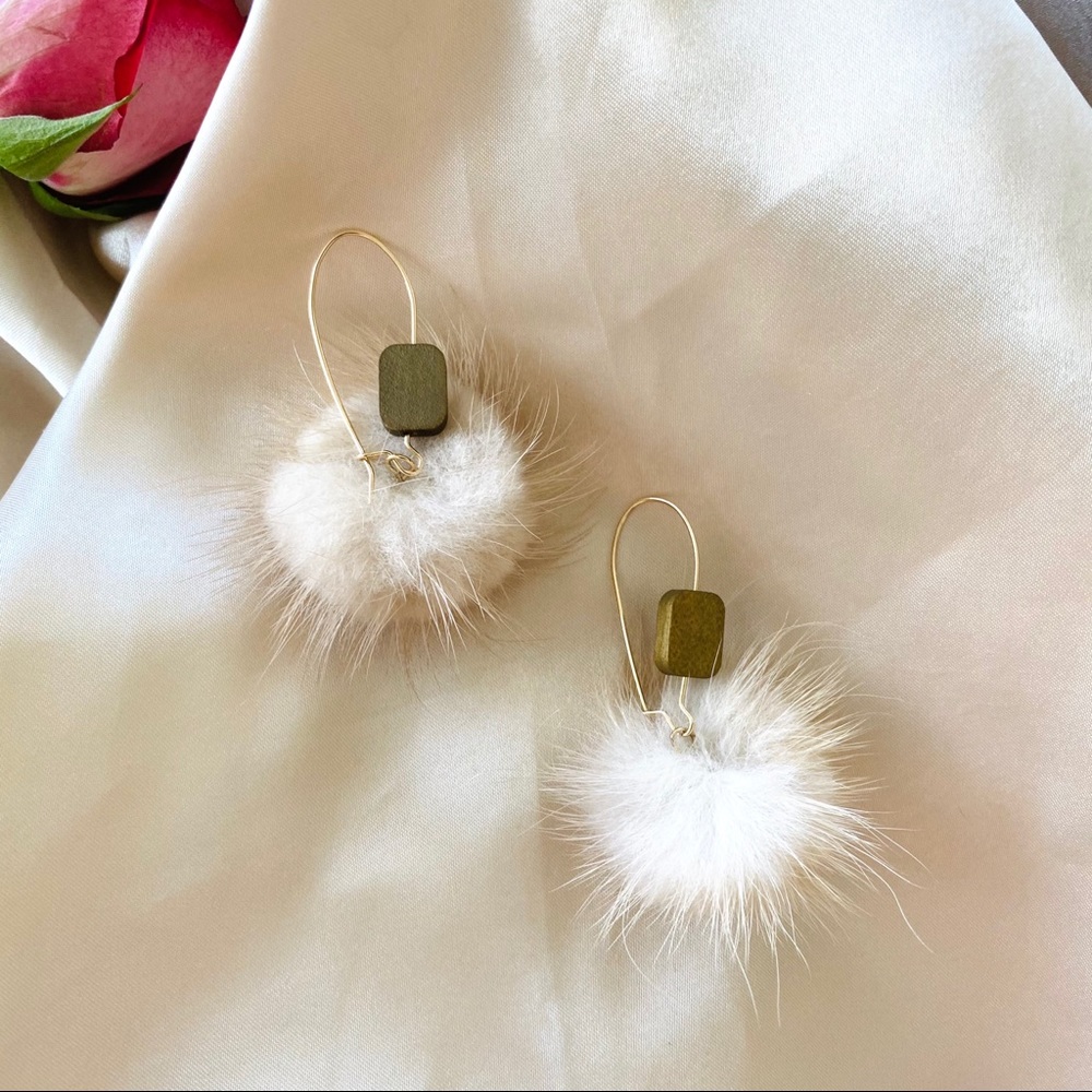Furry Fur Ball Wood Hook Earrings - Picture 5 of 15